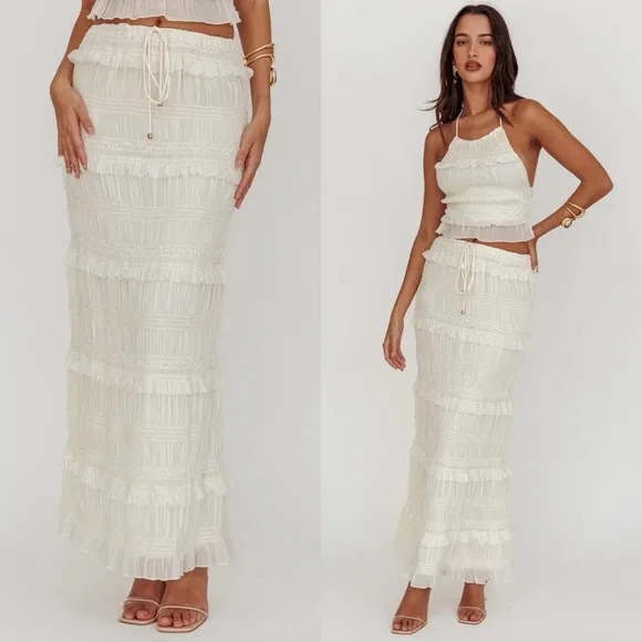 Grecian Goddess Shirred Sequin Beige Maxi Skirt
