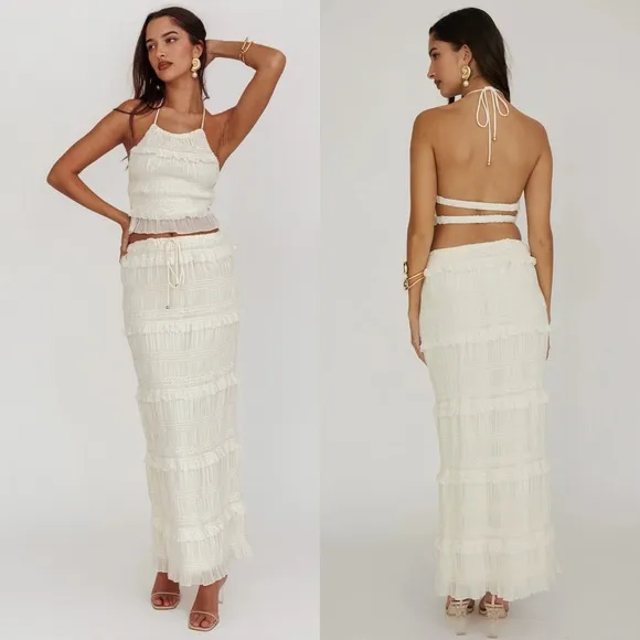 Grecian Goddess Shirred Sequin Beige Maxi Skirt