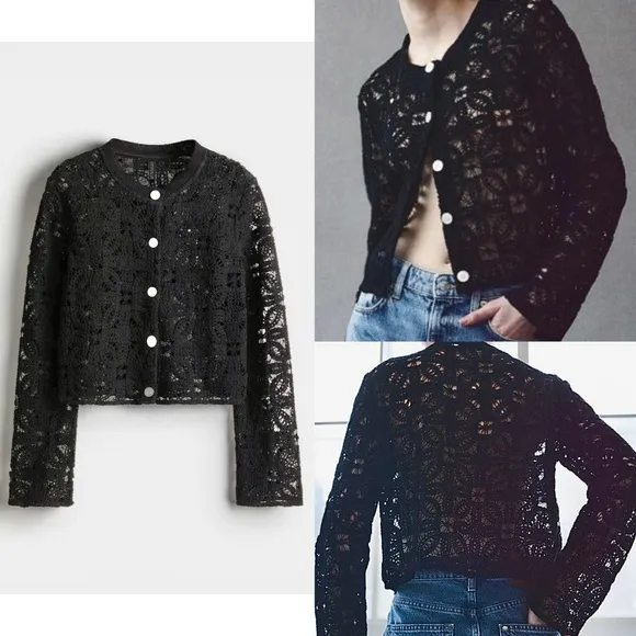 H&amp;M NWT black crochet knit button front long sleeve cardigan