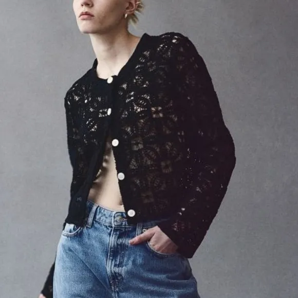 H&amp;M NWT black crochet knit button front long sleeve cardigan