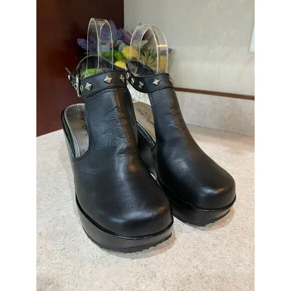 Harley-Davidson Black Leather Wedge Sandals With Studded Straps &amp; Buckle Detail