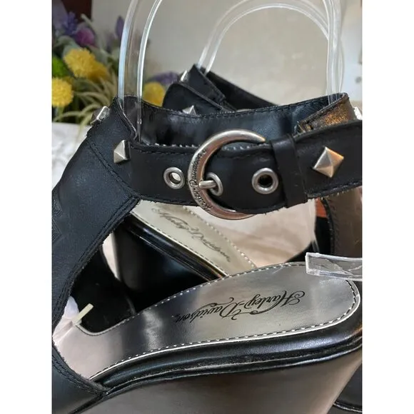 Harley-Davidson Black Leather Wedge Sandals With Studded Straps &amp; Buckle Detail