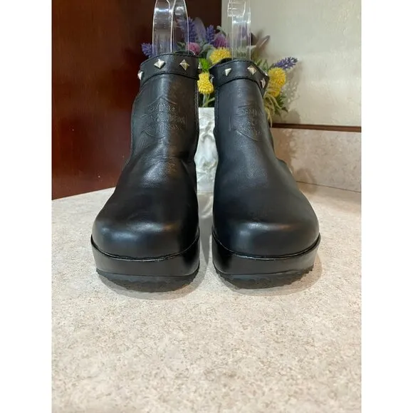 Harley-Davidson Black Leather Wedge Sandals With Studded Straps &amp; Buckle Detail