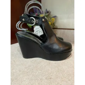 Harley-Davidson Black Leather Wedge Sandals With Studded Straps &amp; Buckle Detail