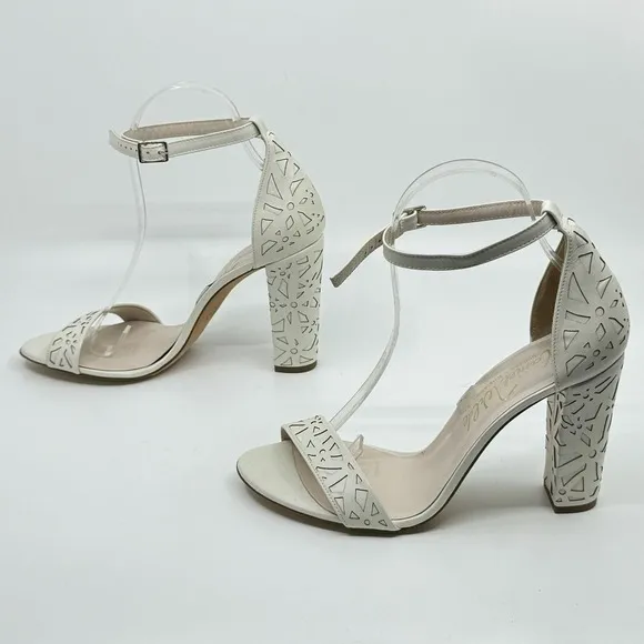 HARRIET WILDE  Maggie May Laser-cut Ivory Leather Heeled Sandals