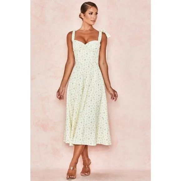 💕HOUSE OF CB💕 Alicia Midi Sundress ~ Lemon Floral Print Large