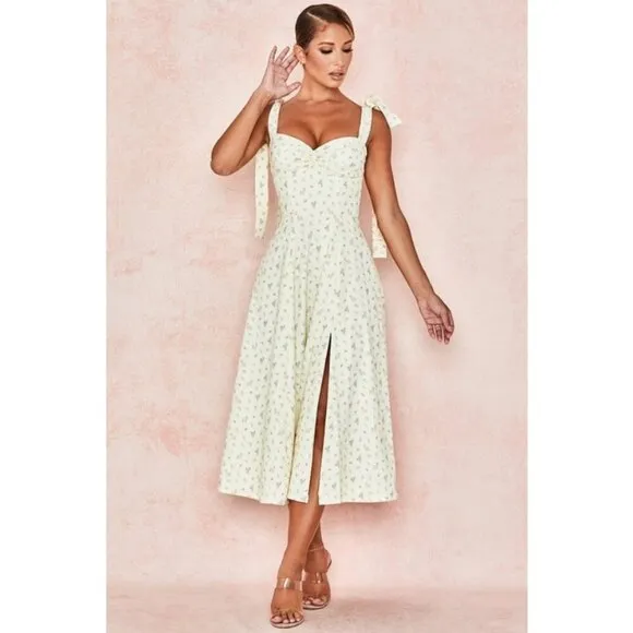 💕HOUSE OF CB💕 Alicia Midi Sundress ~ Lemon Floral Print Large