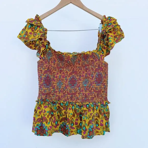 House Of Harlow 1960 Set Maxi Skirt Smocked Tiered Ruffles Yellow Tropical Large