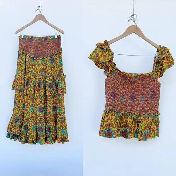 House Of Harlow 1960 Set Maxi Skirt Smocked Tiered Ruffles Yellow Tropical Large