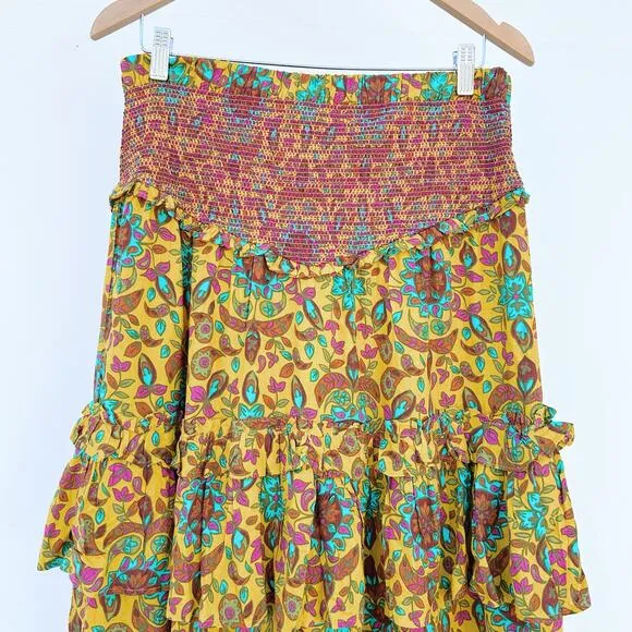 House Of Harlow 1960 Set Maxi Skirt Smocked Tiered Ruffles Yellow Tropical Large