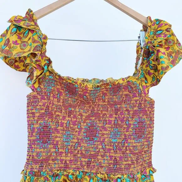 House Of Harlow 1960 Set Maxi Skirt Smocked Tiered Ruffles Yellow Tropical Large
