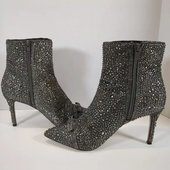 INC Ignacio womens pointed toe side zip rhinestone dark pewter boots size 7-1/2M