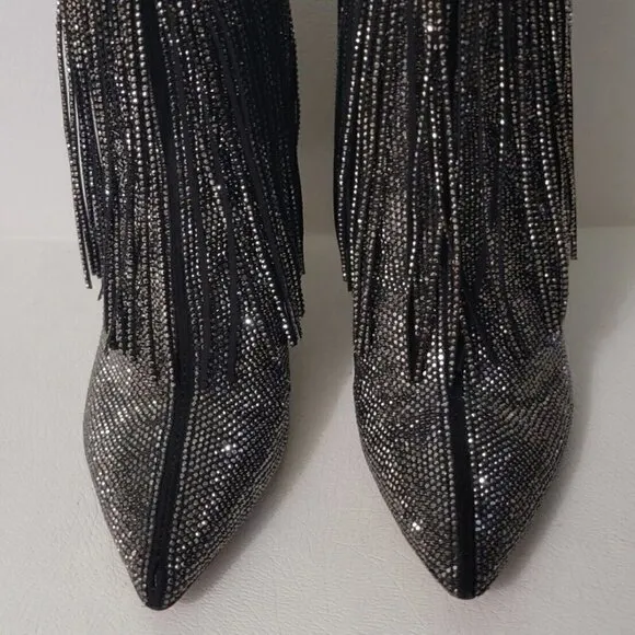 INC Pewter Rhinestone Fringed Ismeria Pointed Toe Stacked Heel Back Zip Booties