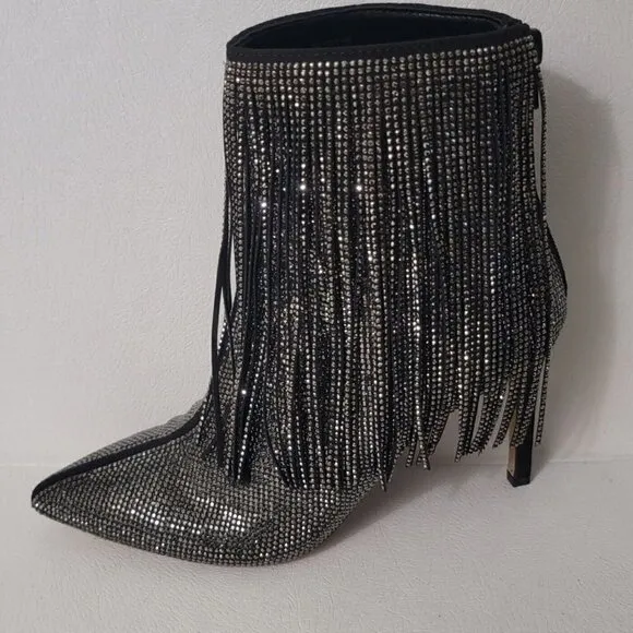 INC Pewter Rhinestone Fringed Ismeria Pointed Toe Stacked Heel Back Zip Booties