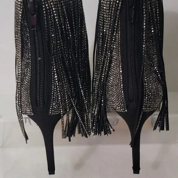 INC Pewter Rhinestone Fringed Ismeria Pointed Toe Stacked Heel Back Zip Booties