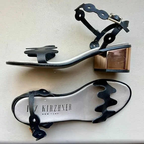 Ivy Kirzhner NY Lala Black Leather w/ Rose Gold Block Heel Sandal 38.5 US 8 - 8.