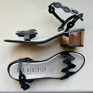 Ivy Kirzhner NY Lala Black Leather w/ Rose Gold Block Heel Sandal 38.5 US 8 - 8.