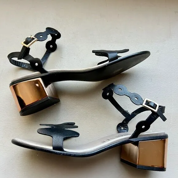 Ivy Kirzhner NY Lala Black Leather w/ Rose Gold Block Heel Sandal 38.5 US 8 - 8.