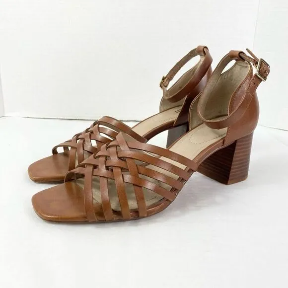 J. Jill Brown Strappy Genuine Leather Block Heeled Open Toe Sandals Size 8