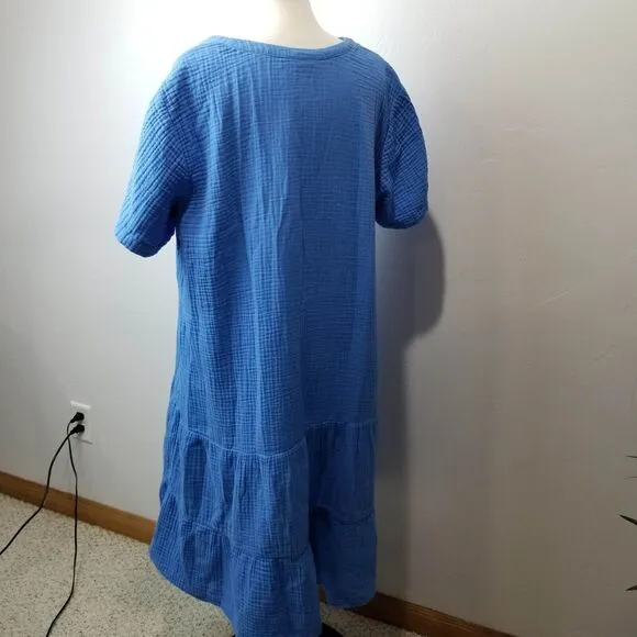 J Jill Dress XL Cotton Gauze Tiered Blue Midi Housedress Lagenlook Beach