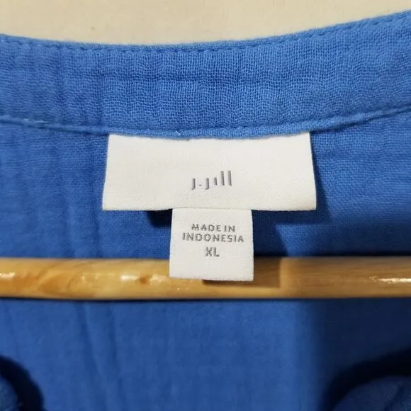 J Jill Dress XL Cotton Gauze Tiered Blue Midi Housedress Lagenlook Beach