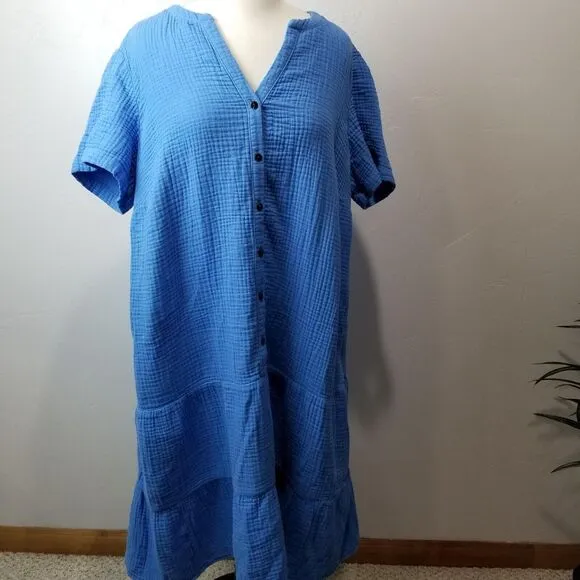 J Jill Dress XL Cotton Gauze Tiered Blue Midi Housedress Lagenlook Beach