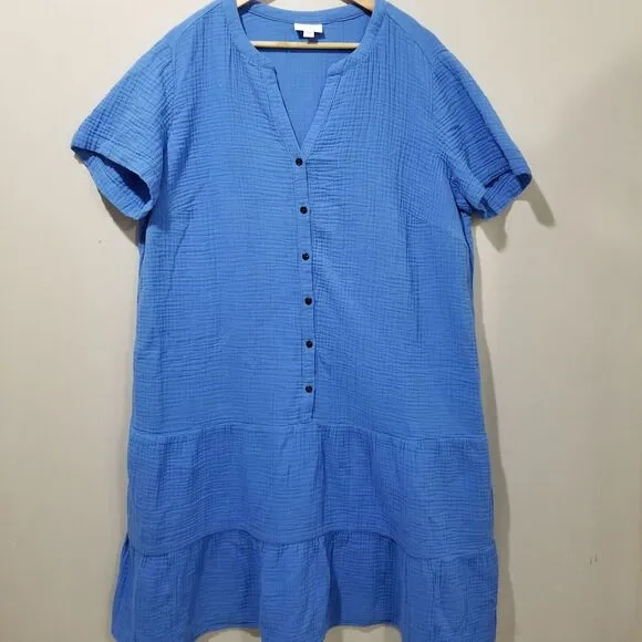 J Jill Dress XL Cotton Gauze Tiered Blue Midi Housedress Lagenlook Beach