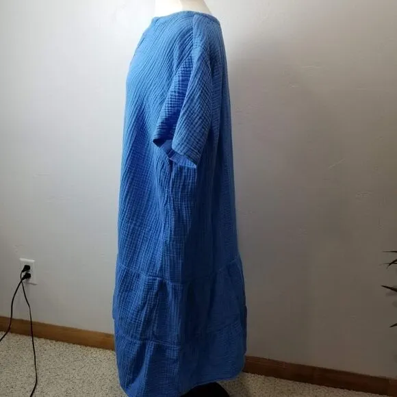 J Jill Dress XL Cotton Gauze Tiered Blue Midi Housedress Lagenlook Beach