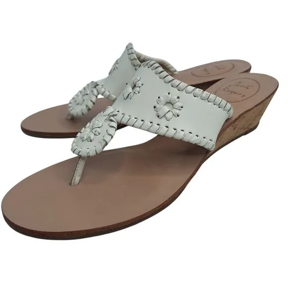 Jack Rogers White Leather Low Mid Wedge Sandals 7.5 Whipstitch Beach Boho Preppy