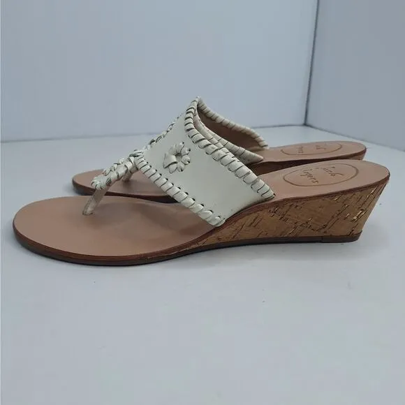 Jack Rogers White Leather Low Mid Wedge Sandals 7.5 Whipstitch Beach Boho Preppy
