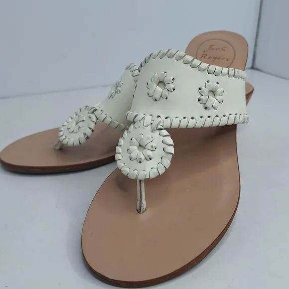 Jack Rogers White Leather Low Mid Wedge Sandals 7.5 Whipstitch Beach Boho Preppy