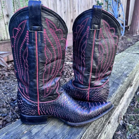 Jar Boots Cowboy Leather Black Red Scales Pointed Toe Mens US 7 Preowned