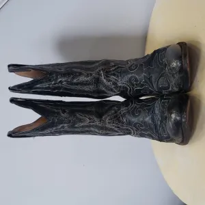 JB Dillon Western Cowboy Boots Mens sz 10.5 Goat Tooled Distressed Leather Black
