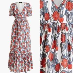 JCREW Beach Red White Blue Poppy Floral Print V Neck Cotton Maxi Dress Cover