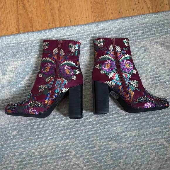 Jeffery Campbell Beaded Stratford Chunky Heel Boot 8 Wine Multi Floral Brocade