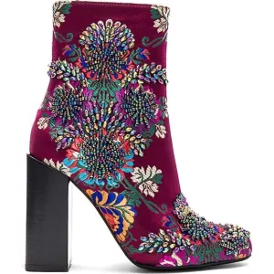 Jeffery Campbell Beaded Stratford Chunky Heel Boot 8 Wine Multi Floral Brocade