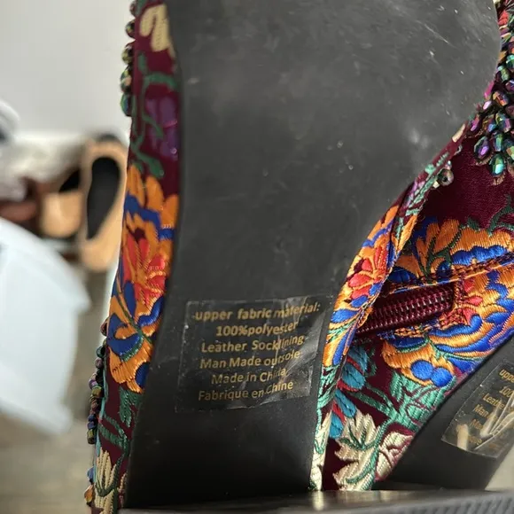 Jeffery Campbell Beaded Stratford Chunky Heel Boot 8 Wine Multi Floral Brocade