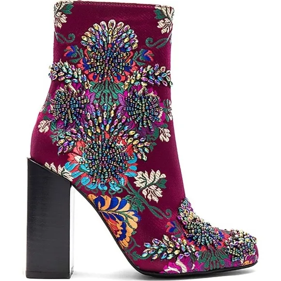 Jeffery Campbell Beaded Stratford Chunky Heel Boot 8 Wine Multi Floral Brocade