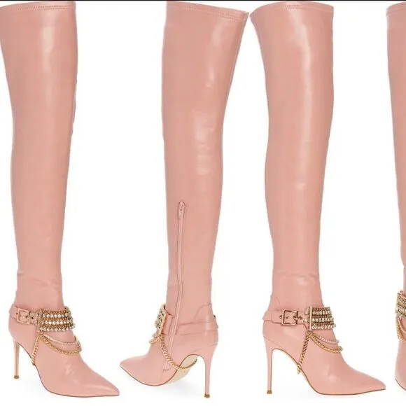 Jeffrey Campbell Arsenic Womens Embellished Over the Knee Heel Boots Pink US 6.5