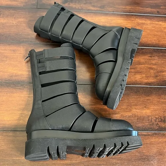 Jeffrey Campbell Dozing Cutout Gladiator Leather Boots Size 8 Chunky Goth Grunge