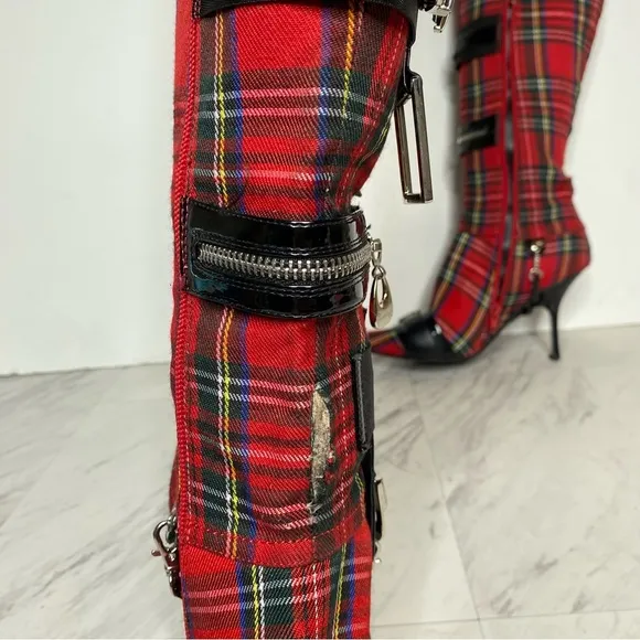 Jeffrey Campbell Gadget Pointy Toe Red Plaid Over the Knee Boot 6