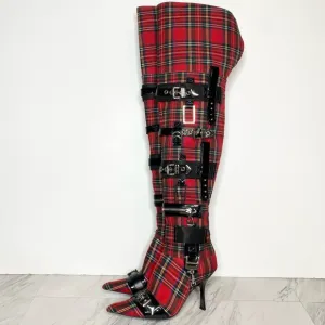 Jeffrey Campbell Gadget Pointy Toe Red Plaid Over the Knee Boot 6