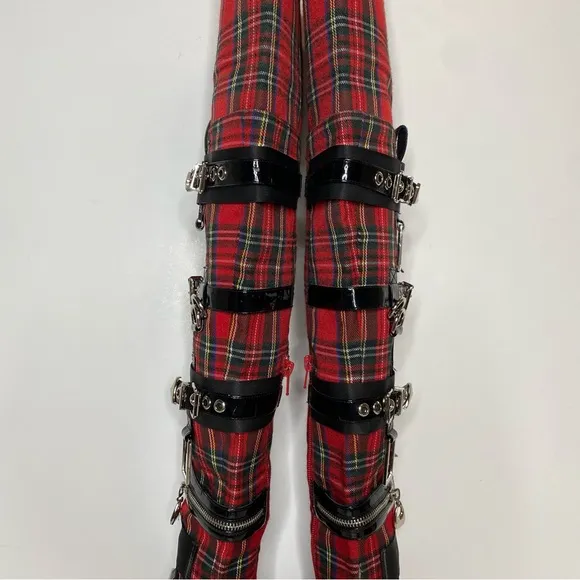 Jeffrey Campbell Gadget Pointy Toe Red Plaid Over the Knee Boot 6