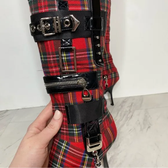 Jeffrey Campbell Gadget Pointy Toe Red Plaid Over the Knee Boot 6