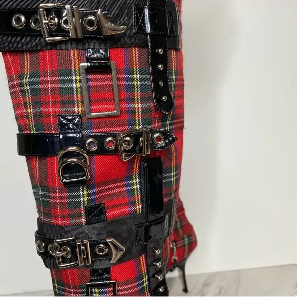 Jeffrey Campbell Gadget Pointy Toe Red Plaid Over the Knee Boot 6