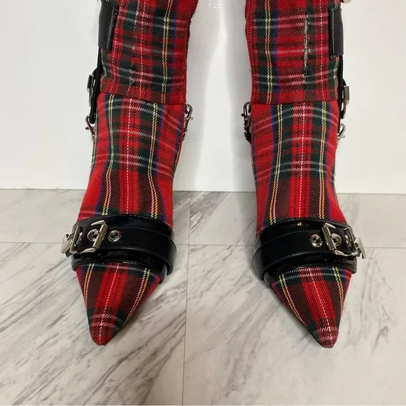 Jeffrey Campbell Gadget Pointy Toe Red Plaid Over the Knee Boot 6