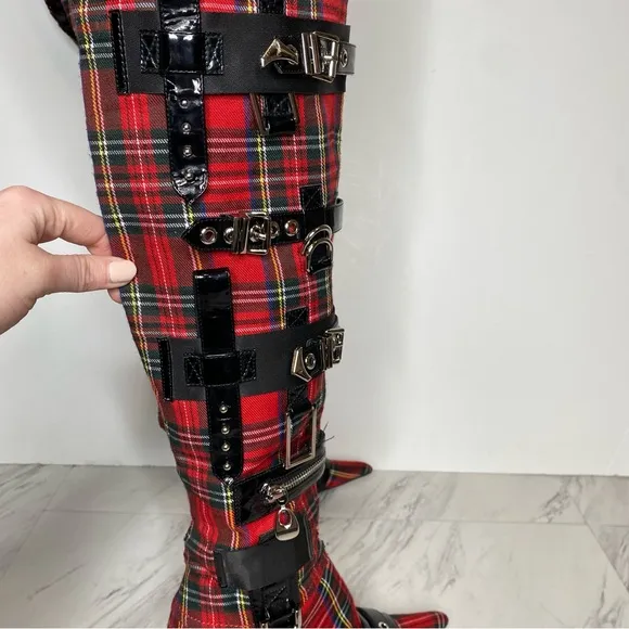 Jeffrey Campbell Gadget Pointy Toe Red Plaid Over the Knee Boot 6