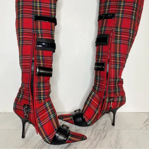 Jeffrey Campbell Gadget Pointy Toe Red Plaid Over the Knee Boot 6