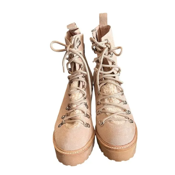 JEFFREY CAMPBELL What Faux Suede Sherpa Lace Up Beige Boots