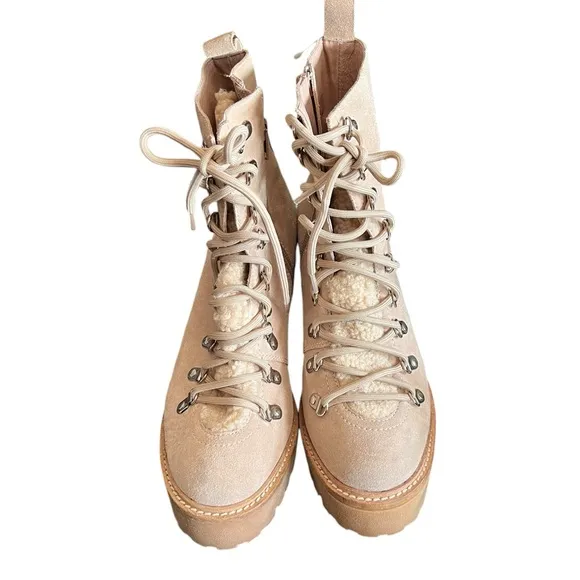JEFFREY CAMPBELL What Faux Suede Sherpa Lace Up Beige Boots